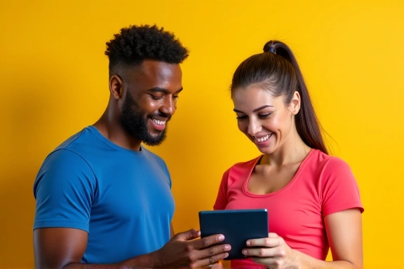 Hombre y mujer consultando una tablet con información sobre salud