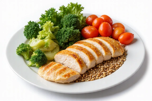 Plato de comida saludable y equilibrada con proteínas y vegetales
