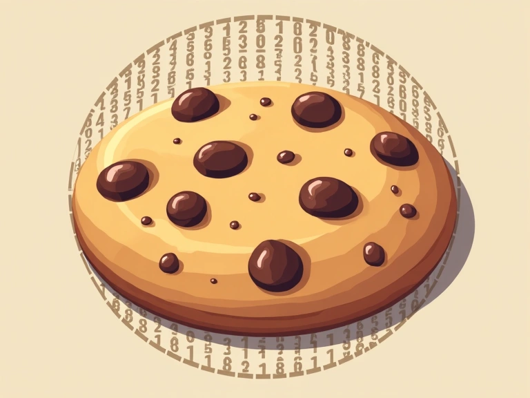 Ilustración de una galleta digital con chips de chocolate y código binario en un círculo, representando las cookies de internet.