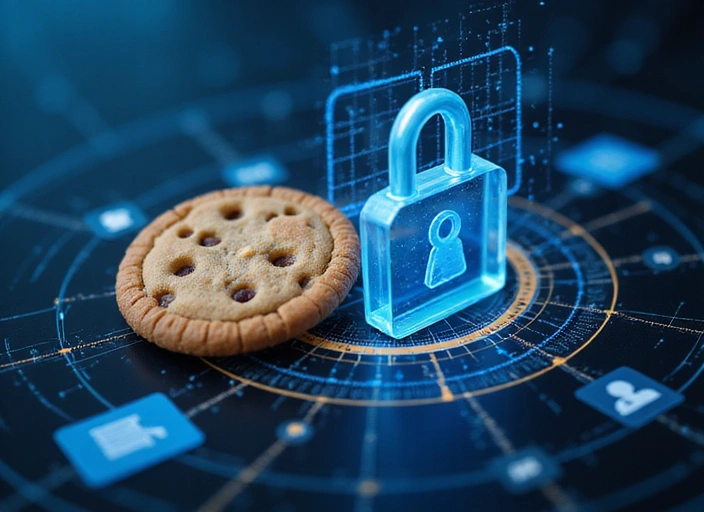 Ilustración de un candado digital y un icono de usuario, representando la seguridad de las cookies propias y la personalización de la sesión.