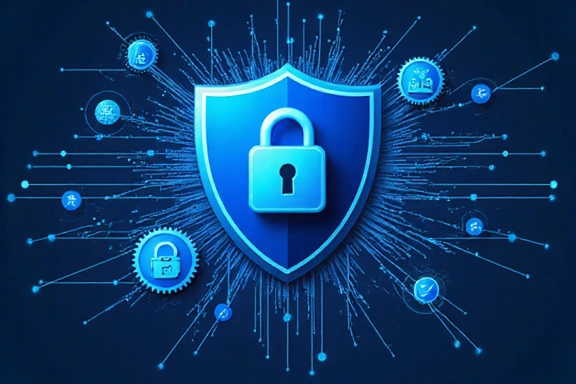 Ilustración de protección de datos y privacidad en línea con un escudo y engranajes