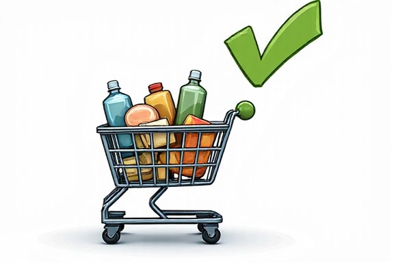 Ilustración de un carrito de compras con productos y un signo de exclamación